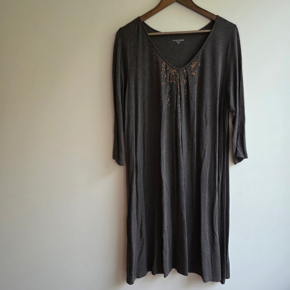 Eileen Fisher Gray Beaded V-Neck Shift Dress XL Italian Yarn Minimalist  Capsule